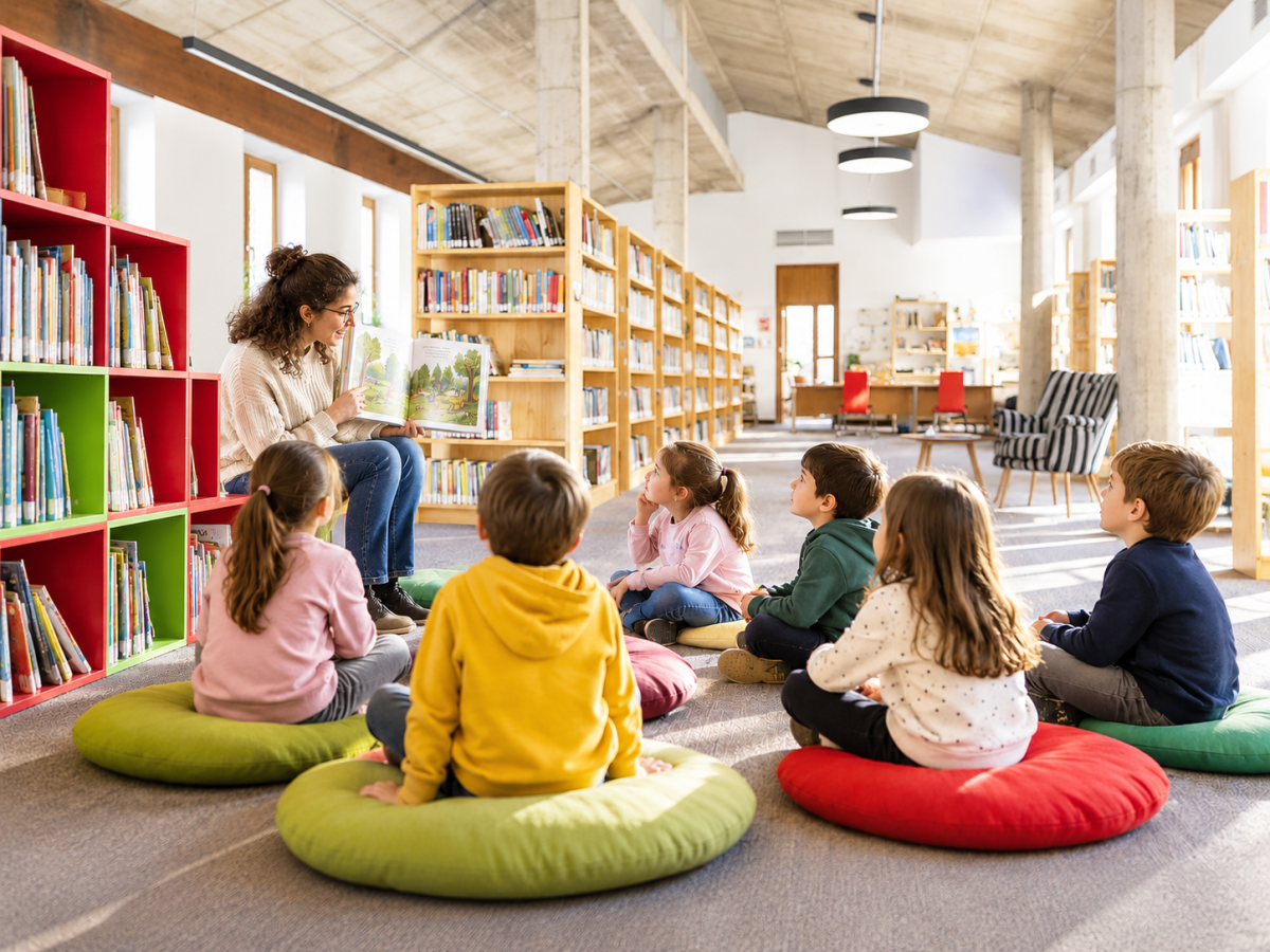 Niños en la biblioteca escuchando un cuento